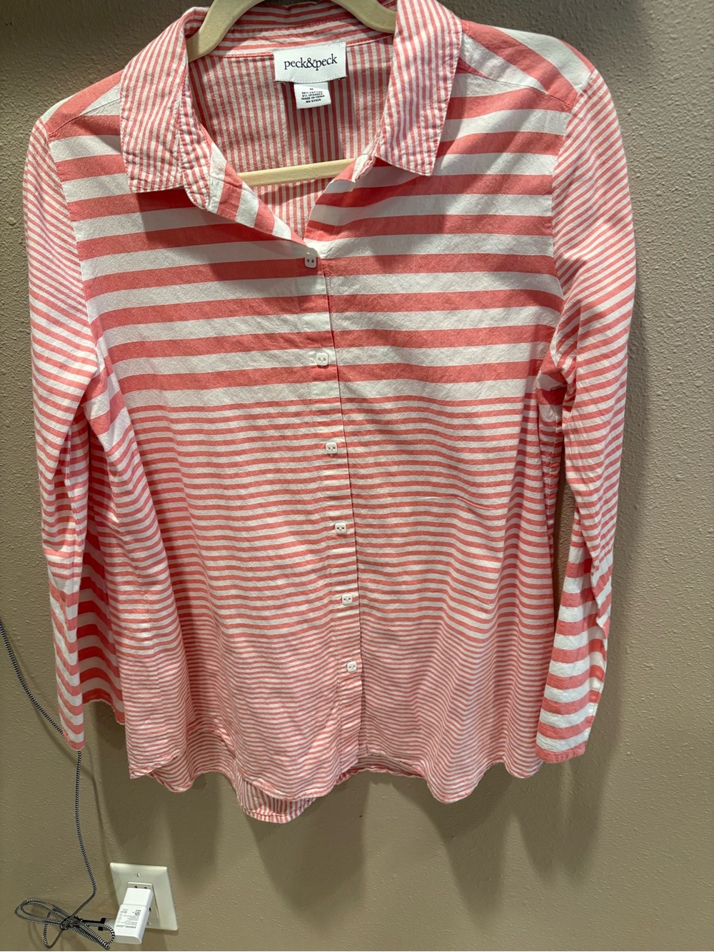 Peck & Peck Coral and White Striped Button-Down Shirt
